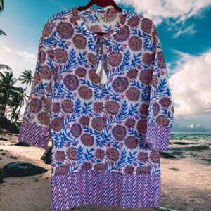 J.Crew Floral Tassel Beach Tunic Blue Pink Boho Cover Up Cotton Small NWT